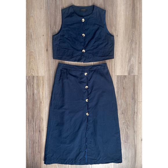 Commense Dresses & Skirts - Commense Navy Linen Blend Vest & Midi Skirt Set L Scalloped Placket Quiet Luxury